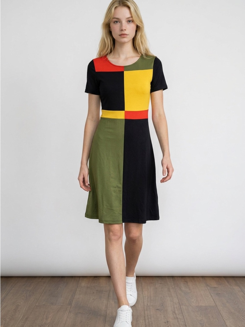 SHEIN Colorblock Short Sleeve Mini Dress in Black, Olive, Yellow & Red